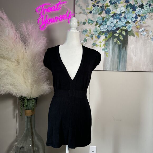 BCBG Maxazaria Black Cap Sleeve Tunic Waist Tie Top V Neck Size XL 1X NWT - Picture 1 of 11